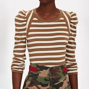 Veronica Beard Delano Striped Top Camel White Puff Sleeve Medium